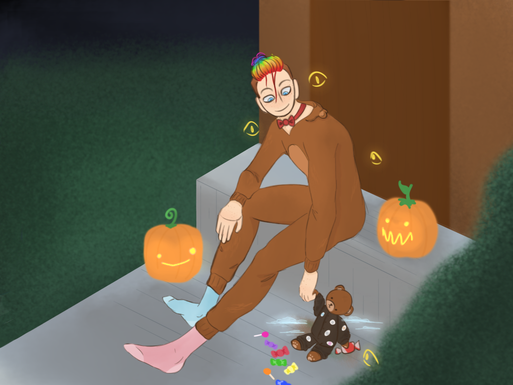 halloweeeeeeeen babeyyy, peach n pie dressed as eachother cause theyre best buddies for ever n ever n ever n everrrrrr yippeeeeee human-mode peach sitting on a step outside a house, dressed in a teddy bear onsie. next to them, a small teddy bear dressed in peach's normal outfit, holding hands with peach on one side and holding a lolly in the other.
