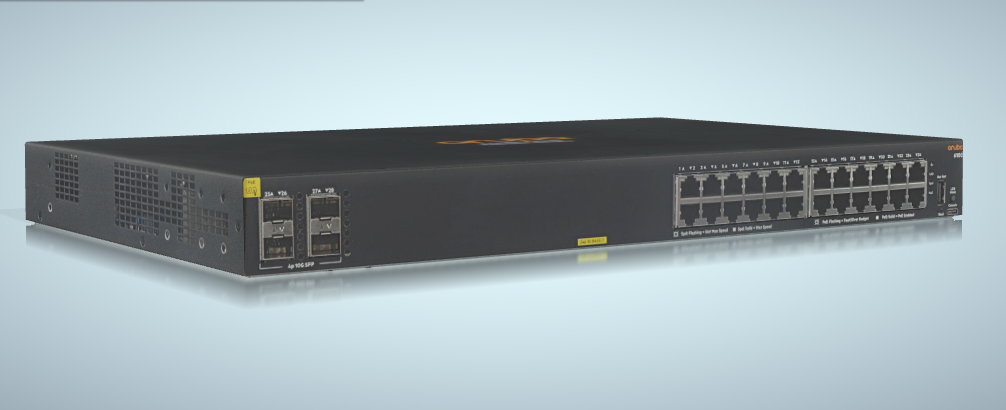 Vista frontal do Switch HPE Aruba CX 6200F 48G Classe 4 PoE+ (JL727A), mostrando as 48 portas Gigabit PoE+ e os slots SFP+.