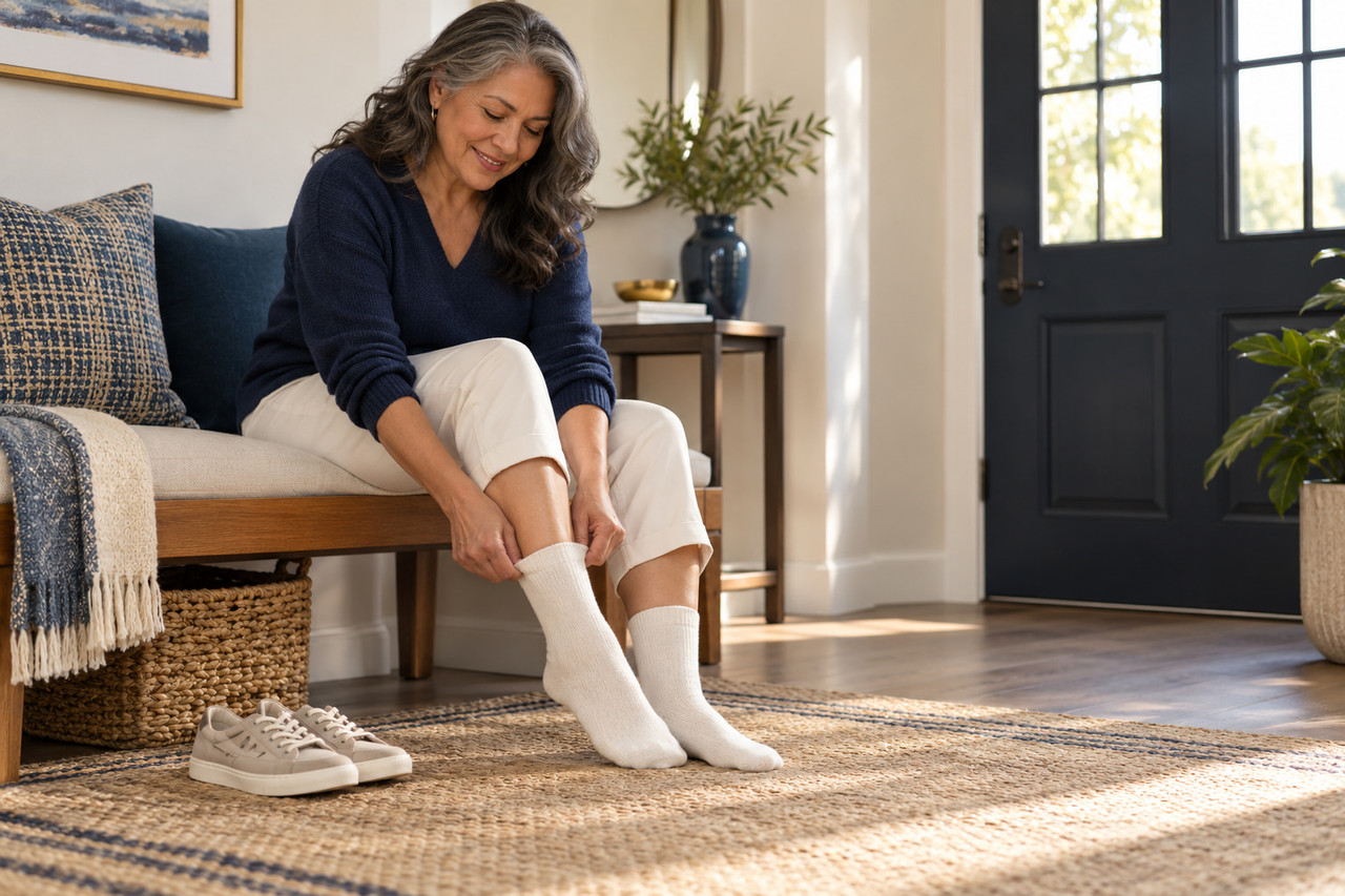 Woman putting on comfortable socks