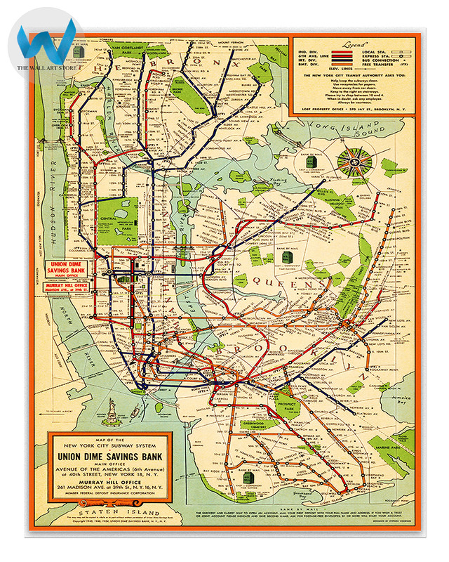 1940s Retro New York City Subway Map Poster NYC Wall Art 12X16