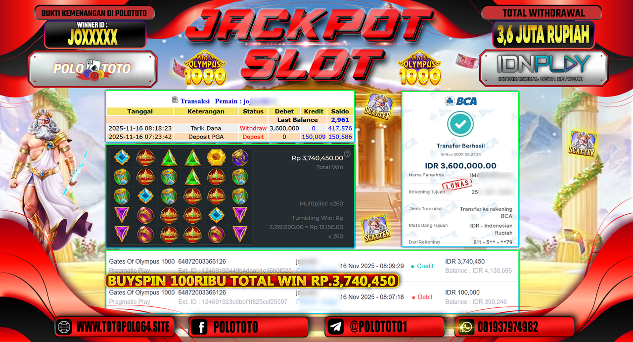 POLOTOTO JACKPOT SLOT GATES OF OLYMPUS 1000 Rp.3.600.000,- LUNAS