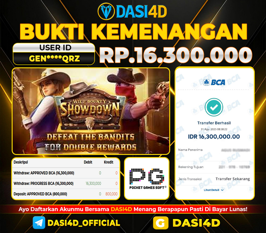BUKTI KEMENANGAN 31 AGUSTUS 2025 DI  WILD BOUNTY SHOWDOWN  RP. 16.300.000