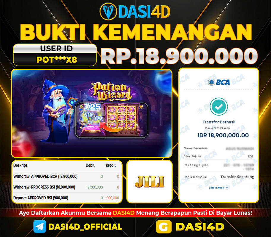BUKTI KEMENANGAN 15 AGUSTUS 2025 DI POTION WIZARD WD 18.900.000