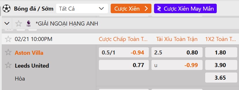 Tỷ lệ kèo Aston Villa vs Leeds