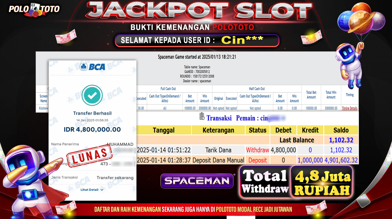POLOTOTO JACKPOT SLOT SPACEMAN Rp.4,800.000,-