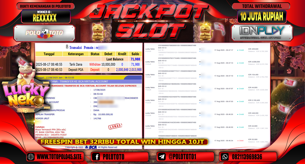 POLOTOTO JACKPOT SLOT LUCKY NEKO Rp.10.000.000,-