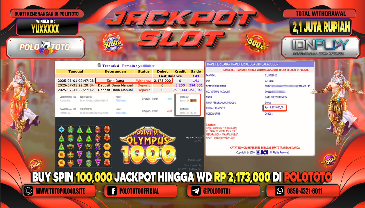 POLOTOTO JACKPOT SLOT GATES OF OLYMPUS 1000 Rp.2.100.000,-LUNAS
