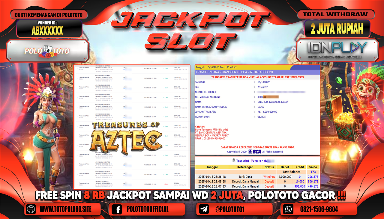 POLOTOTO JACKPOT SLOT TREASURES OF AZTEC Rp.2.000.000,-