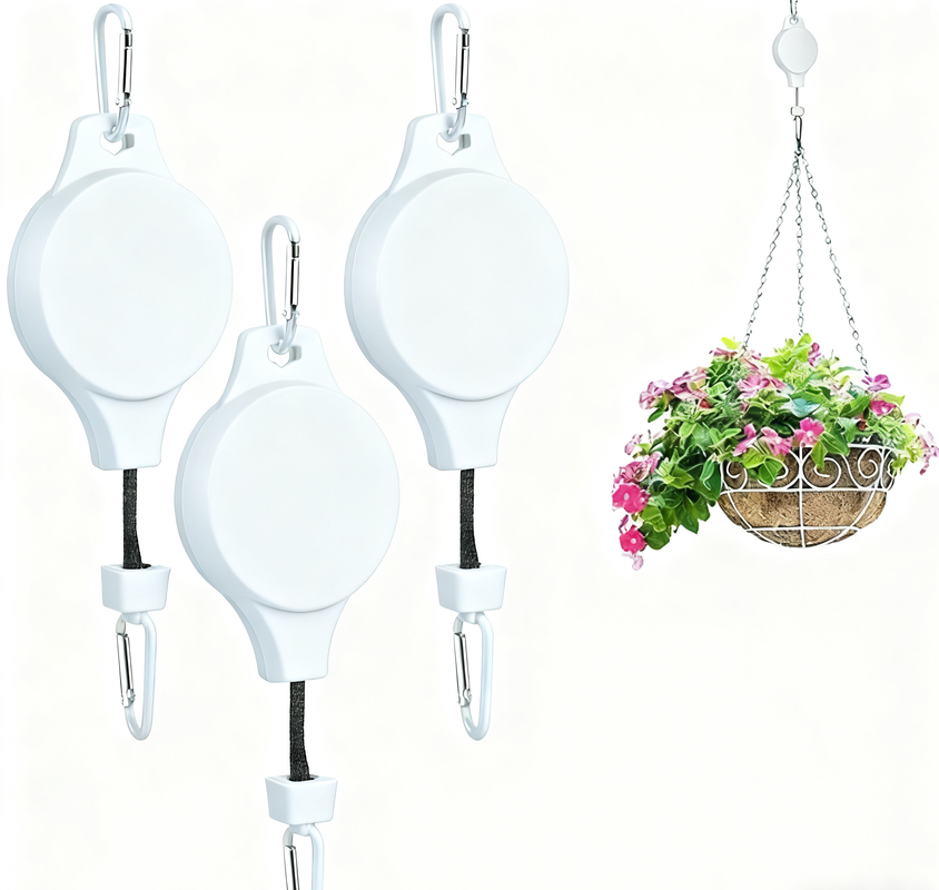 3PCS White Retractable Hanging Basket Pulley System & 3PCS Heavy Duty Stainless Steel S-Hooks Combo - Garden Plant Hanger(Max Load 5KG)