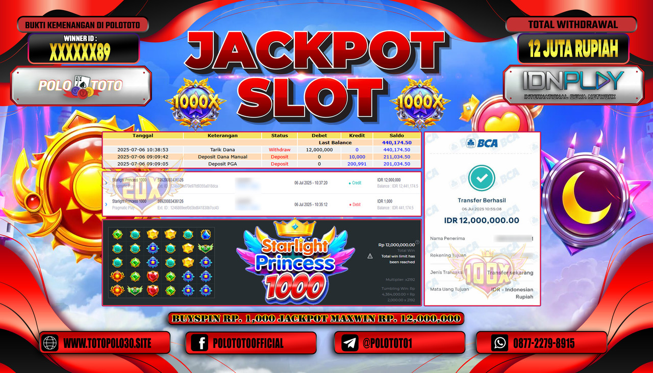 POLOTOTO JACKPOT SLOT STARLIGHT PRINCESS 1000 Rp.12.000.000,- LUNAS