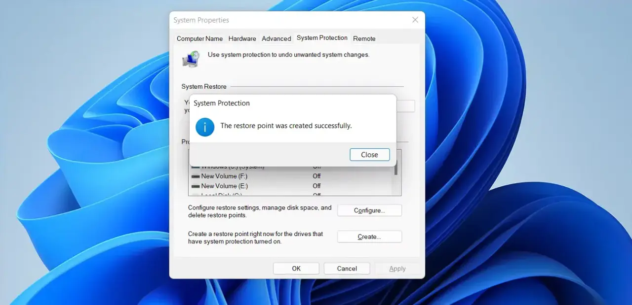 Restore Point Successfully Created in Windows 11