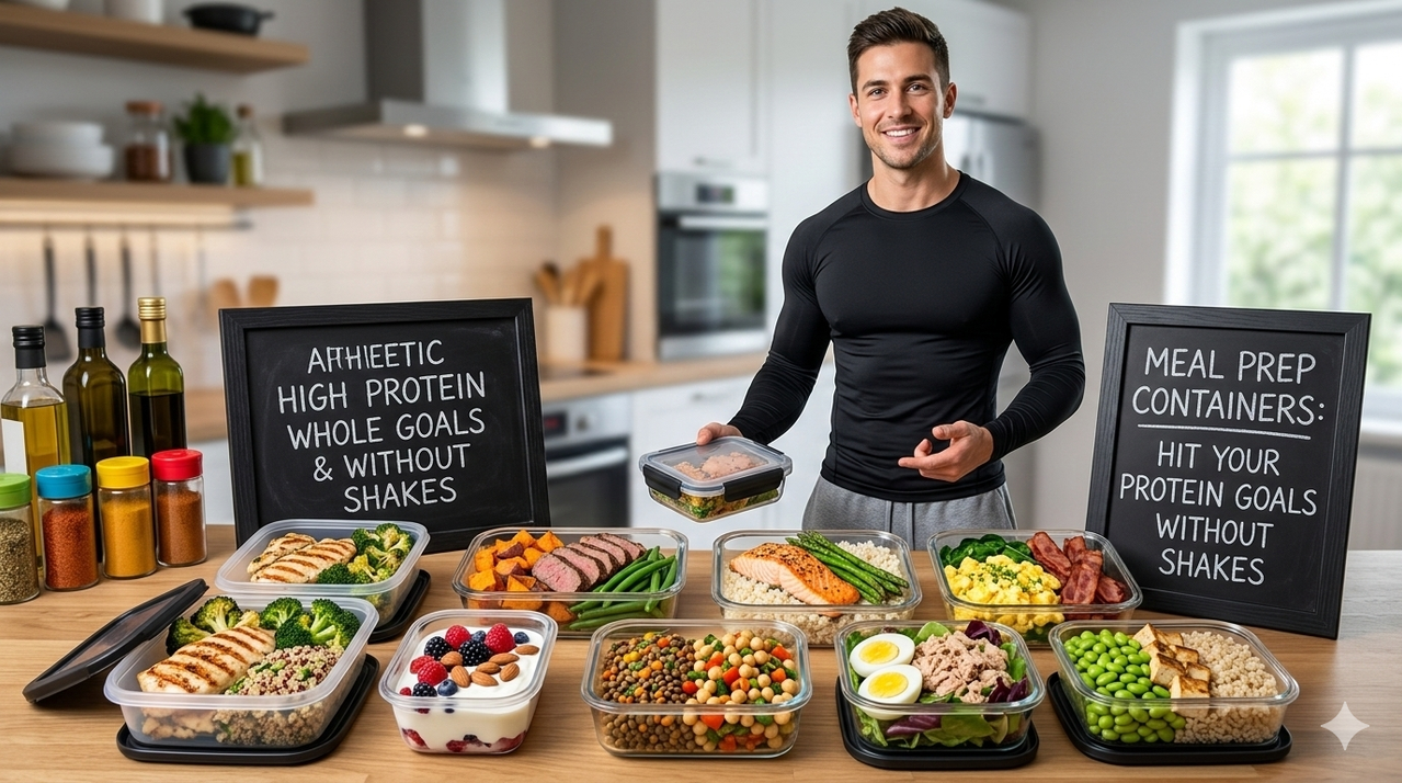 Assortment of plant-based protein sources including lentils, tofu, quinoa, and edamame for how to hit your protein goals without protein shakes
