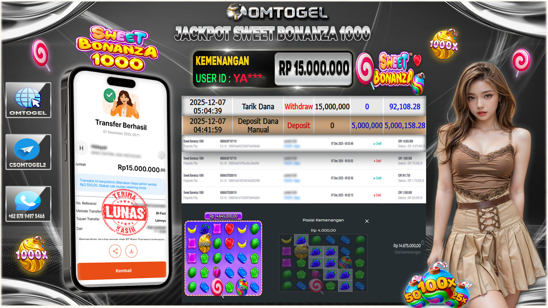 OMTOGEL JACKPOT PRAGMATIC PLAY SWEET BONANZA 1000  ,15 JUTA DI BAYAR LUNAS ,-