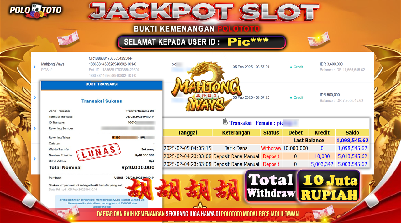 POLOTOTO JACKPOT SLOT MAHJONG WAYS Rp10,000.000,-