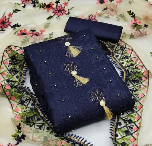 Women's Blue Floral Embroidered Cotton Suits & Dress Materials (R116)