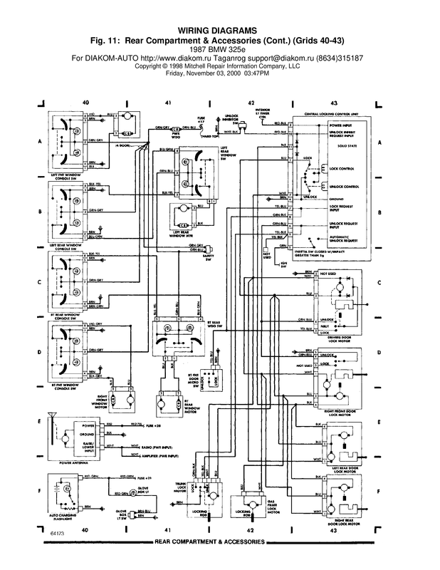 BMW 325e 1987 Wiring Diagrams # 11 -Rear Compartment and Accessories  grids  40 - 43