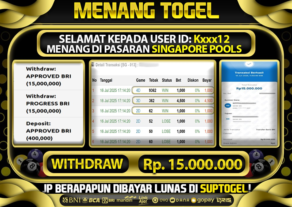  BUKTI KEMENANGAN 16 JULY 2025 MENANG DI PASARAN SINGAPORE TOTAL WD 15 JUTA