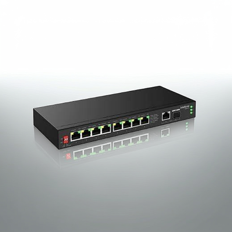 Visão lateral do Switch Intelbras S1110G-PA com dissipador de calor