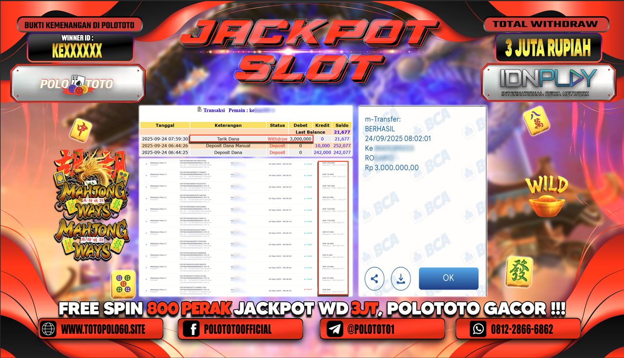 POLOTOTO JACKPOT SLOT MAHJONG WAYS 2 Rp.3.000.000,- LUNAS