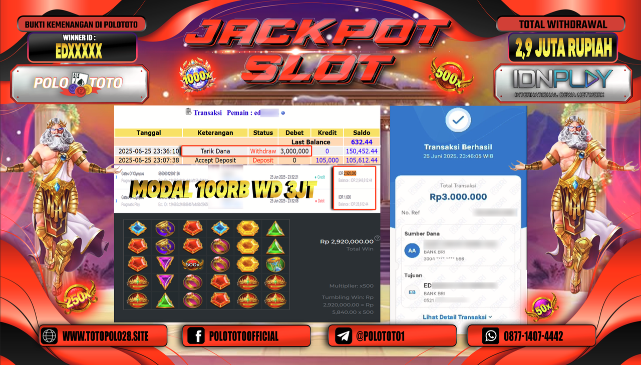 POLOTOTO JACKPOT SLOT GATES OF OLYMPUS Rp.3.000.000,-