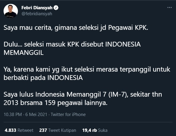 Febri Diansyah, eks Juru Bicara KPK ceritakan proses selesksi pegawai KPK yang pernah dilaluinya pada tahun 2013.