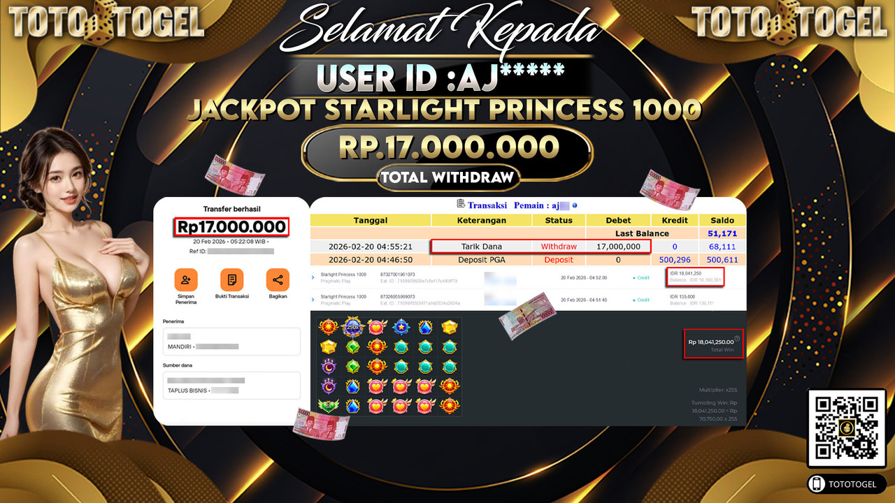 Bukti Pembayaran Jackpot Permainan Slot Starlight Princess 1000 ID:AJ*****LUNAS