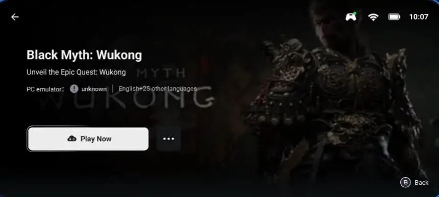 GameHub emulator menu showing Black Myth: Wukong ready to play