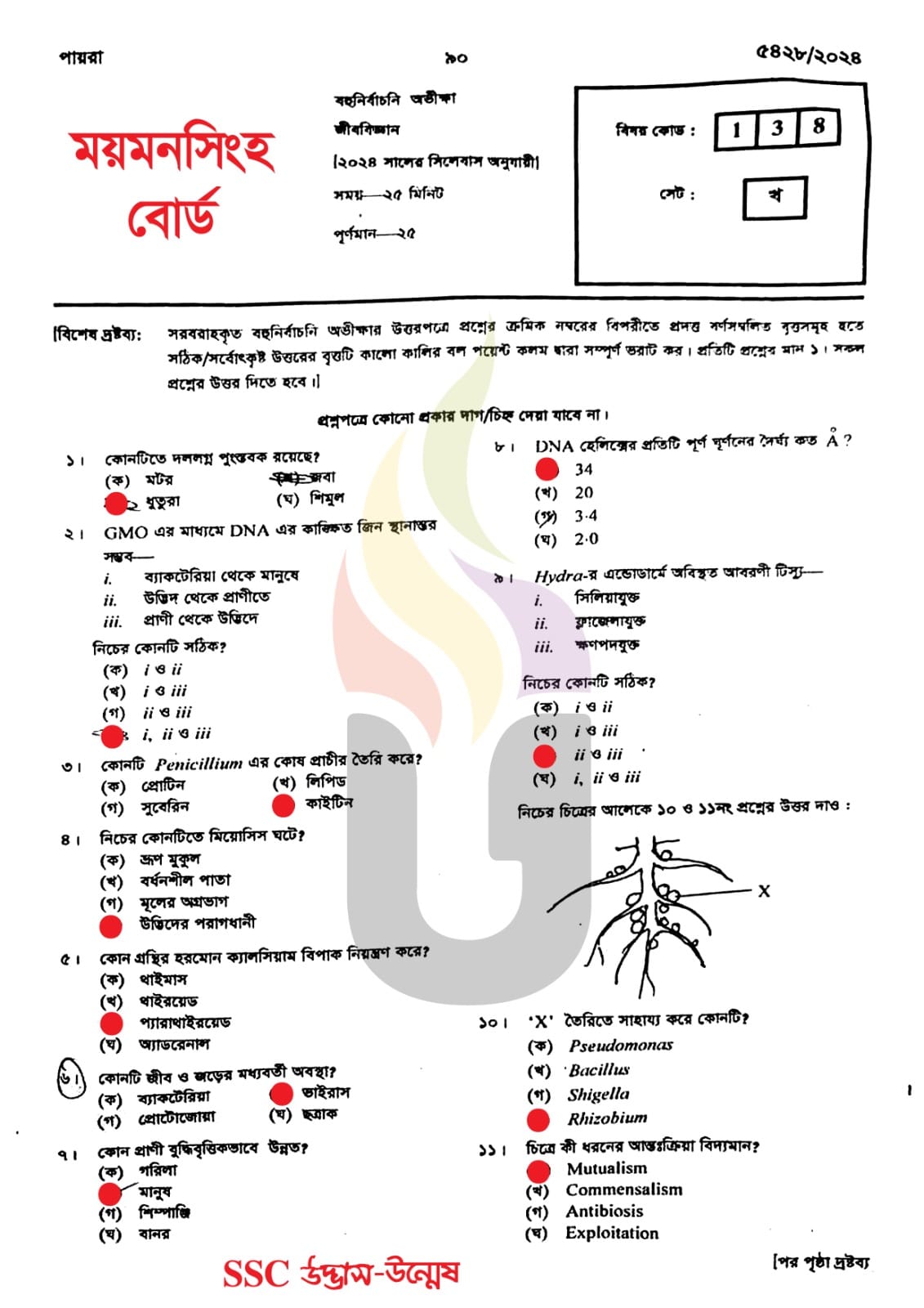 ময়মনসিংহ বোর্ড এসএসসি জীববিজ্ঞান প্রশ্ন সমাধান ২০২৪