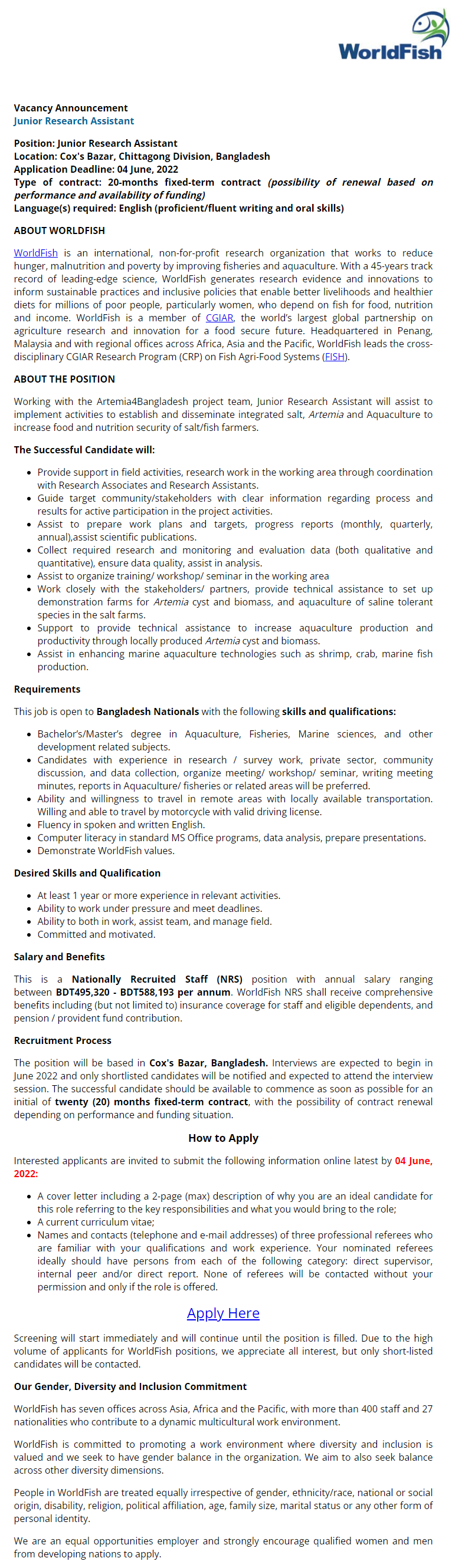 WorldFish Bangladesh Job Circular 1 WorldFish Bangladesh Job Circular 2022
