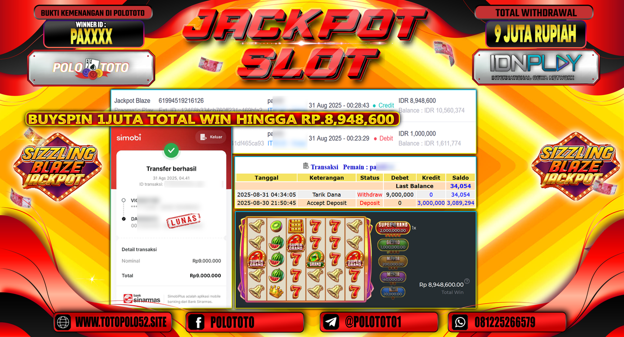 POLOTOTO JACKPOT SLOT JACKPOT BLAZE Rp.9.000.000,-