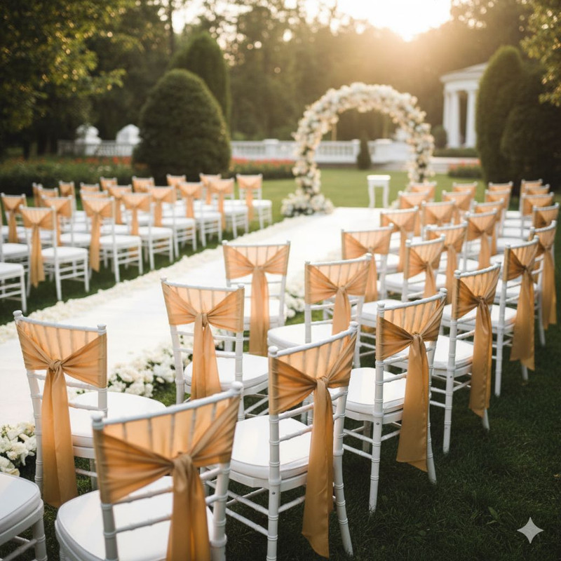 Стулья Кьявари на свадьбе - аренда от Arenda-mebel.ru с чехлами и декором