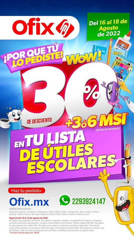 Ofix: 30% de descuento + 3 & 6 MSI en tu lista de Útiles Escolares (Compra mín $400, $600 para MSI)