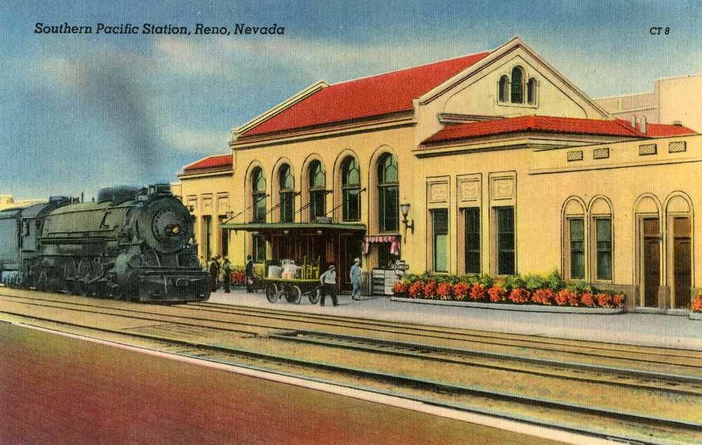 A vintage postcard of the Southern Pacific train depot, Reno Nevada