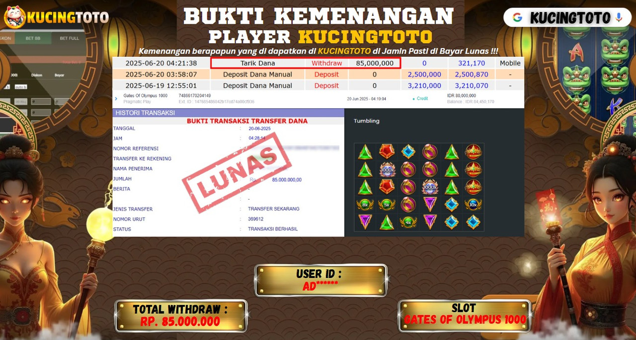 KUCINGTOTO JACKPOT SLOT GATES OF OLYMPUS 1000 RP.85.000.000.,- LUNAS
