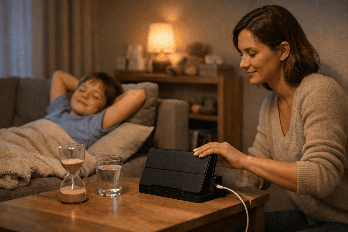 Мама и ребенок спокойно завершают игру и кладут планшет на зарядку