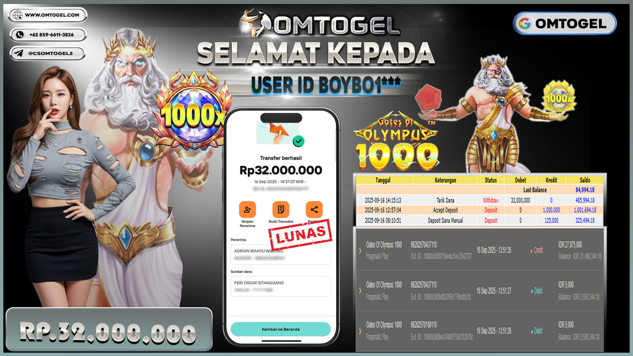 OMTOGEL JACKPOT PRAGMATIC PLAY GATES OF OLYMPUS 1000 32 JUTA DI BAYAR LUNAS ,-