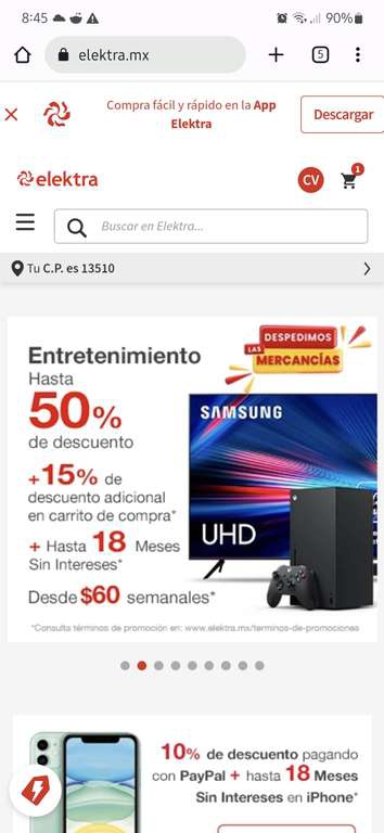 Elektra: 15% De Descuento en Departamentos de Electrónica y Videojuegos (reflejado en carrito de compra) 
