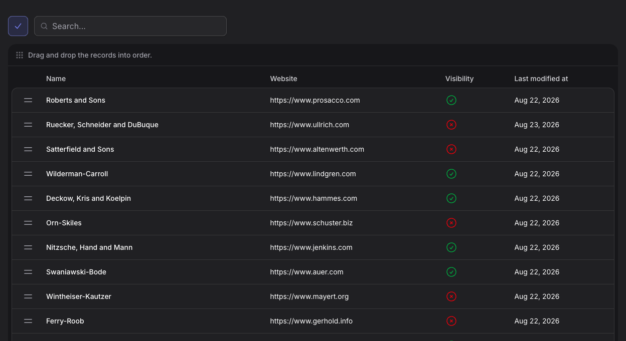 Stature Theme Brands table reordering state in dark mode