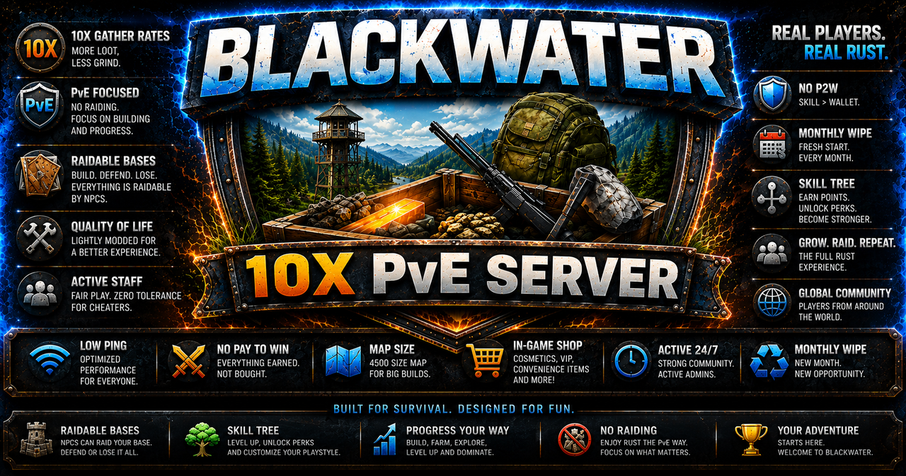 Баннер сервера Blackwater PvE 10x Server |Clans|SkillTree|Monument Events|Back