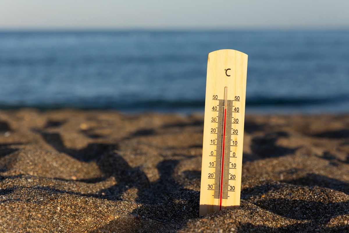 Un termometro piantato nella sabbia di una spiaggia, con la colonnina di mercurio che segna una temperatura molto alta. Il mare è sullo sfondo.