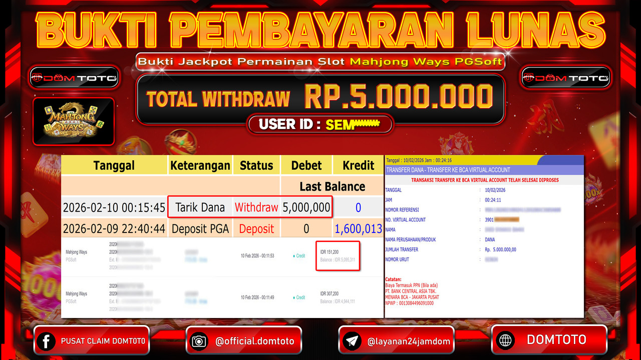 JACKPOT SLOT Mahjong Ways PGSoft 10 FEBRUARI 2026
