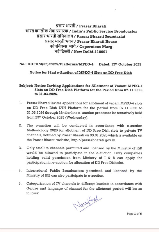 DDF Exclusive - 92nd e-Auction of MPEG-4 Slots on DD Free Dish ...