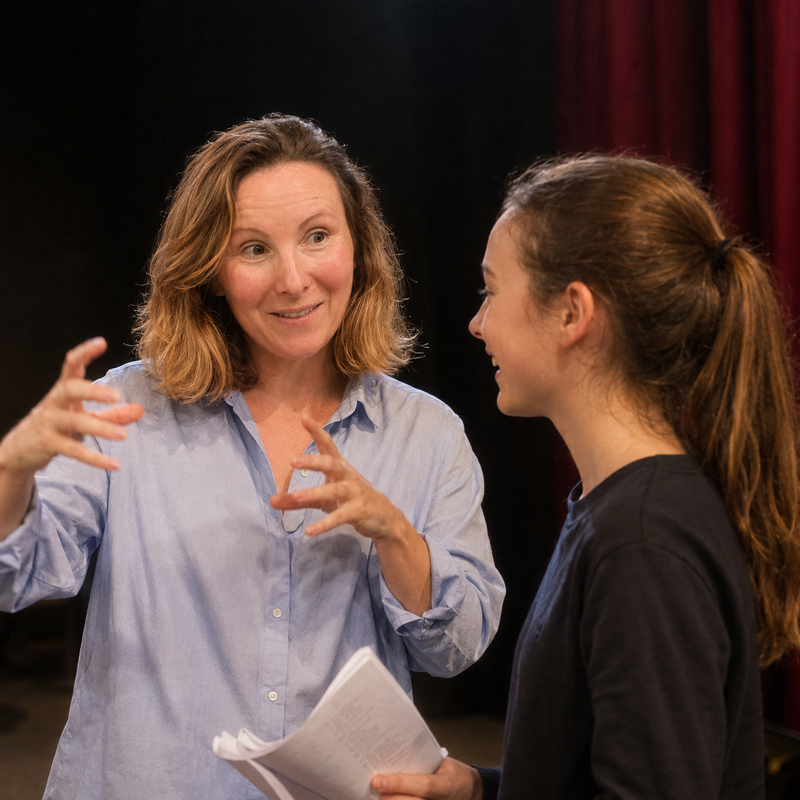 Amélie dirige une adolescente pendant une répétition théâtrale
