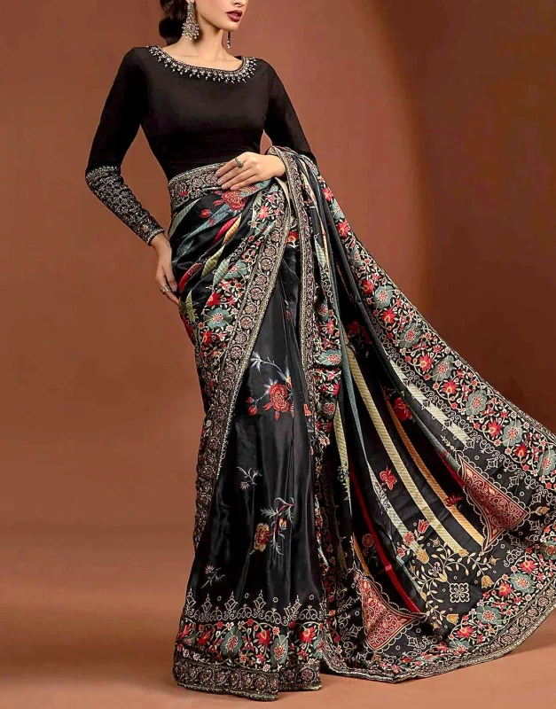 Black Floral Silk Saree – Raw Silk Body, Zari & Nag Embroidery