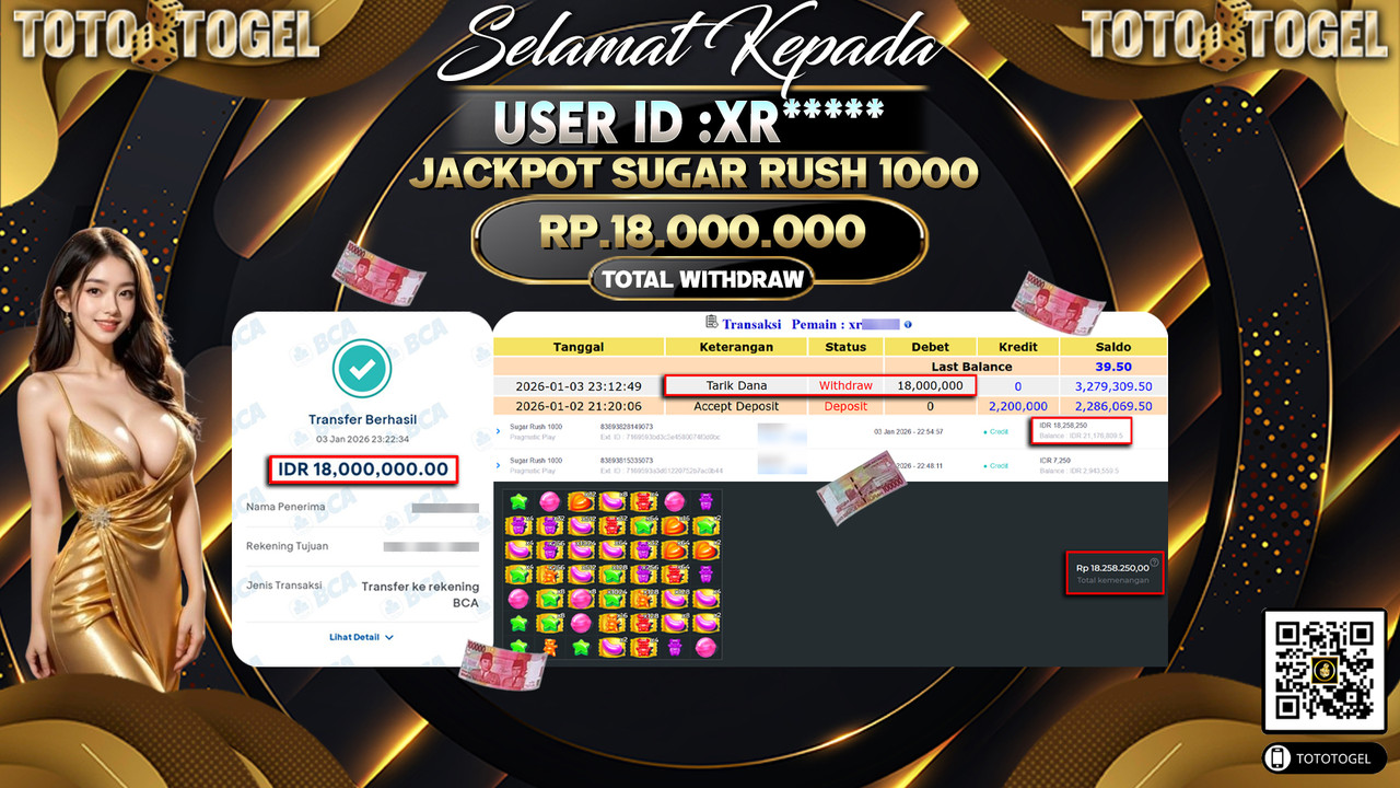 Bukti Pembayaran Jackpot Permainan Slot Sugar Rush 1000 ID:XR**** LUNAS