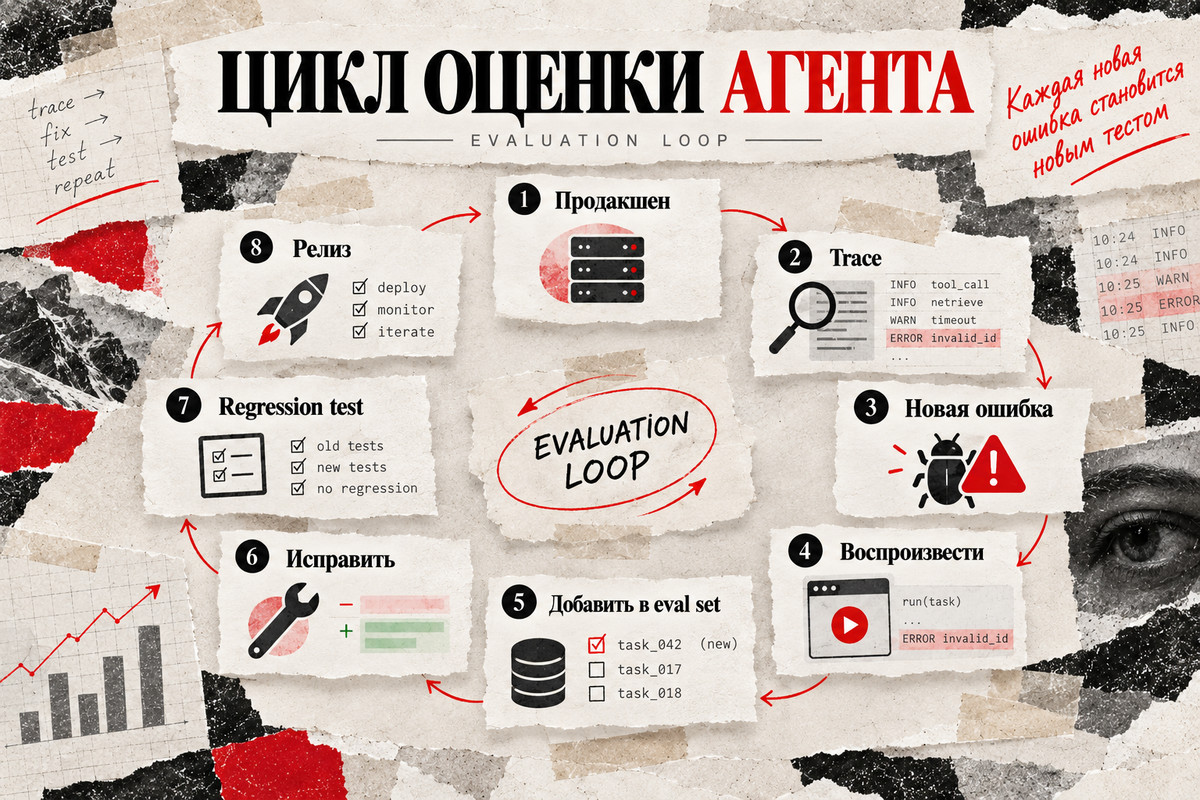 Цикл оценки ИИ-агента от production-ошибки до regression test и нового релиза