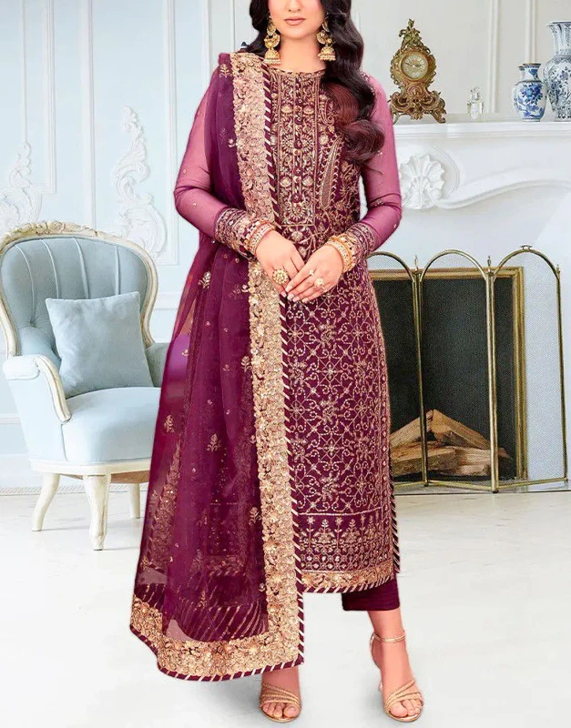 Deep Plum Embroidered Chiffon Unstitched Wedding Dress – Zari Work | Huzi.pk