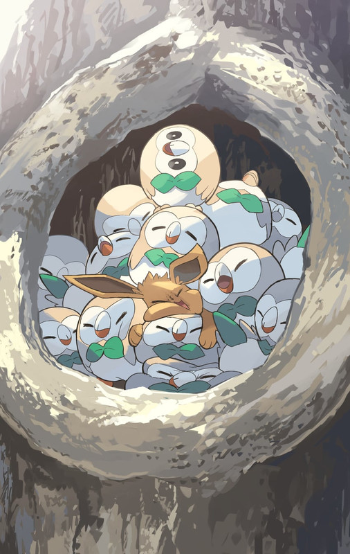 eevee-and-rowlet-pokemon-drawn-by-yamaor