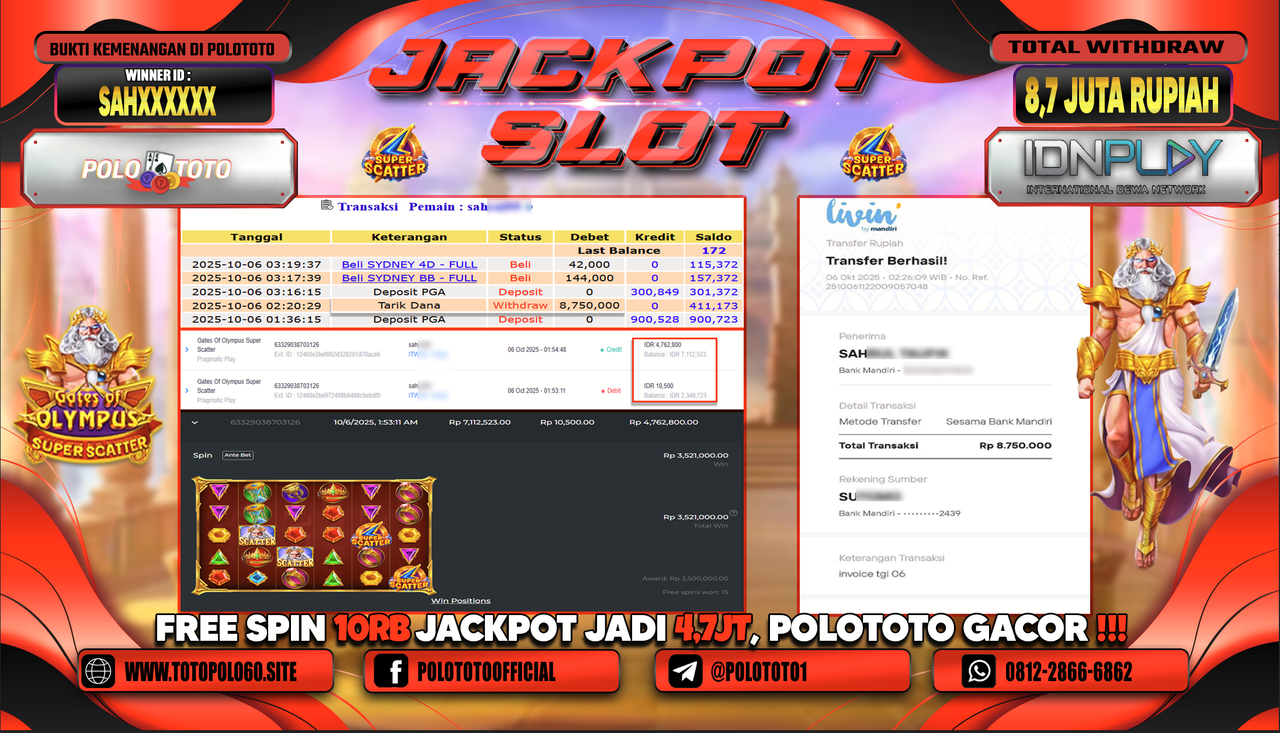 POLOTOTO JACKPOT SLOT GATES OF OLYMPUS SUPER SCATTER Rp.8.700.000,- LUNAS