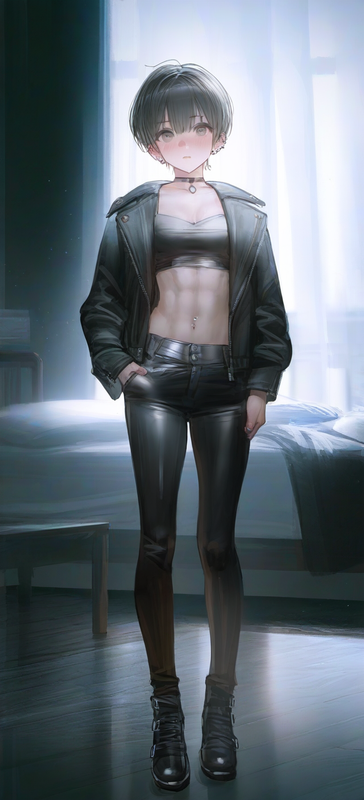 1girl, {{reoen}}, liduke, Tall, black leather jumper, short hair, tomboy, abs, b s-3293238411